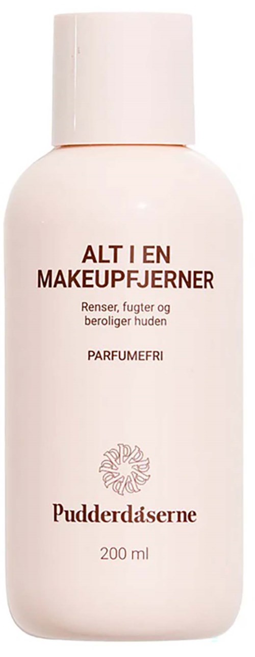 Eine weiße Flasche mit braunem Text zum Abschminken, mit rosa Deckel und 200 ml.