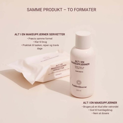 Logo eines Produkts namens 'ALT I EN MAKEUPFJERNER SERVIETTER' mit Flasche und Tuch, unterstreicht Einfachheit und Bequemlichkeit.