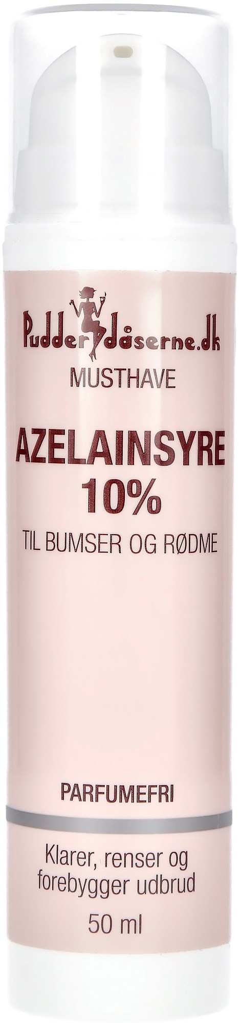 Eine weiße Flasche mit Pumpe, auf Dänisch beschriftet, enthält Senfkornöl für Haut- und Gesäßpflege.