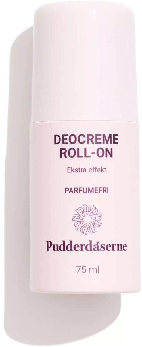 Eine rosa Roll-On-Flasche mit den Worten DEOCREME ROLL-ON, Pudderdåserne, 75 ml, und weiteren Beschreibungen auf Dänisch.