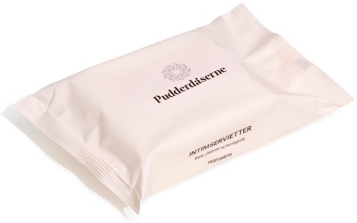 A white package of intimate wipes with the brand name Pudderdåserne printed on it.