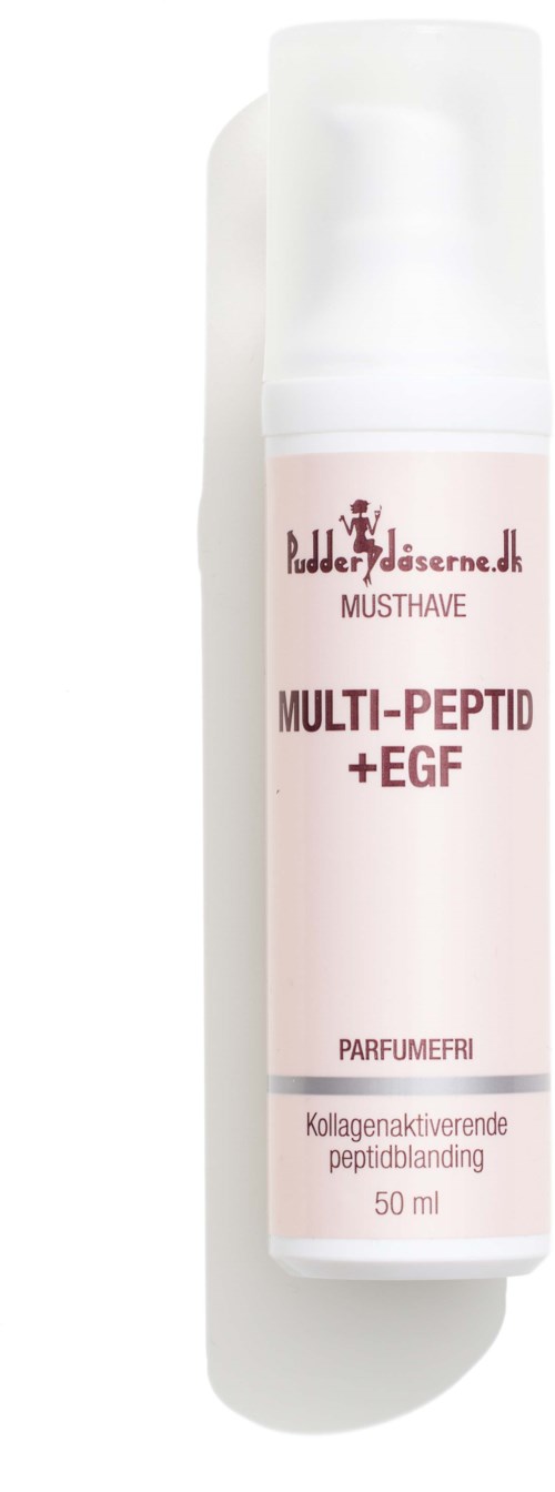 A white pump bottle labeled 'Multi-Peptide + EGF' for skincare, containing 50 ml of product.