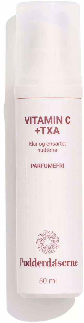 Eine weiße Flasche mit pinkem Text für Vitamin C und TXA, verspricht klare Haut, 50 ml.