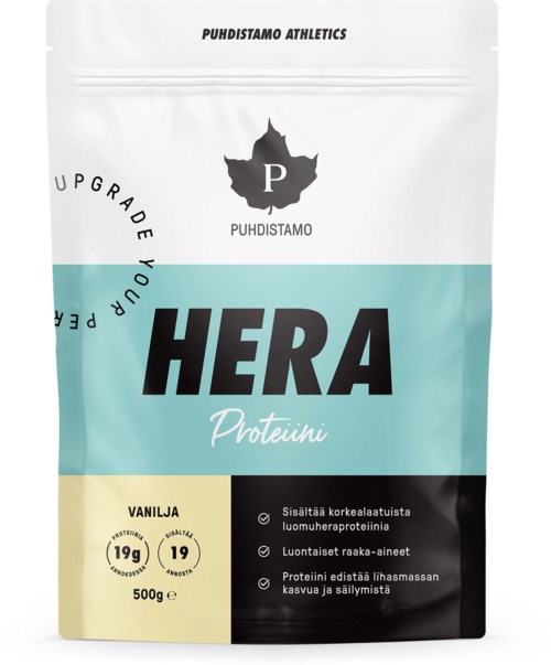 Valkoisessa ja turkoosissa pussissa lukee 'HERA Proteini', sisältää vegaanista proteiinia, Suomessa käytettyä tekstiä.