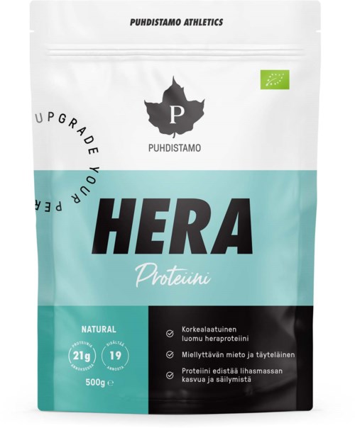 Hera-proteiinijauhepussi, valkoinen ja turkoosi, mustalla tekstillä ja vihreällä luomumerkinnällä.