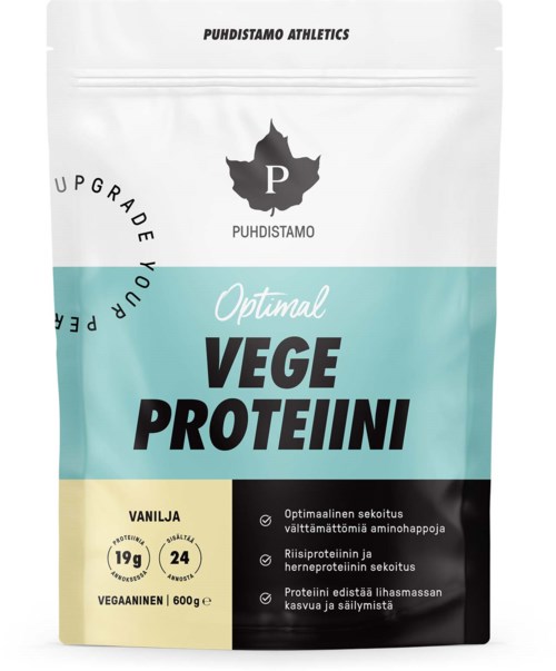 Valkoinen, sininen ja keltainen pussukka vegaanisesta kasviproteiinijauheesta mustalla P-logolla ja suomalaisella tekstillä.