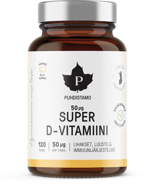 Lääkevalmistepullollinen nimeltä Puhdistamo Super D-Vitamini, 120 kapselia, 50 mikrogrammaa kukin, immuunijärjestelmän tukeen.