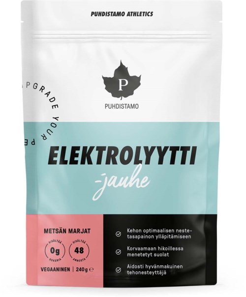 Suljettava pussi, jossa on valkoinen, pinkki ja sininen osa, sisältää elektrolyyttejä urheilusinkkeihin, suomeksi.