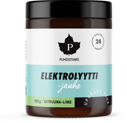 Ruskea lasipurkki, jossa on valkoinen ja vaaleanvihreä etiketti, sisältää Elektrolyyti jaure lime, 120 gr. Menekki.