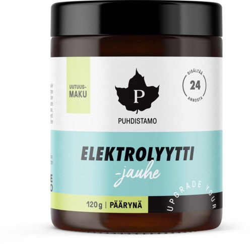Ruskea purkki mustalla kannella, etiketti jossa musta lehtilogo, teksti suomeksi, ja sininen ja vihreä suunnittelu.