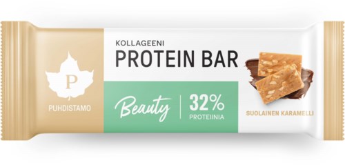 Proteiinipatukka karamellimakuisella, 32 % proteiinia, ja valkoinen ja vihreä pakkaus.