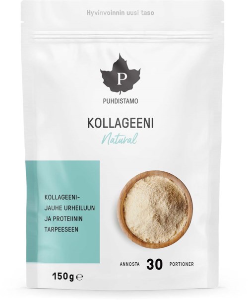 Valkoinen pakkaus, jossa musta lehtilogo, sisältää kollageenijauhetta kulhossa, teksti kollageenin hyödyistä ja määrä.