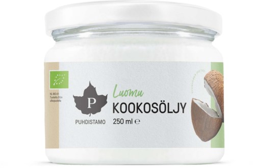 Kokosöljypurkki, jossa kookospähkinäkuva ja suomenkielinen teksti, sisältäen 250 ml.