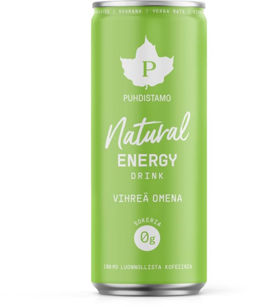 Vihreä tölkki, jossa valkoinen ja vaaleanvihreä teksti, lehtilogo ja 'P', energiapäiväjuoma, kertoo 'Natural', 'Energy' ja '0g'.