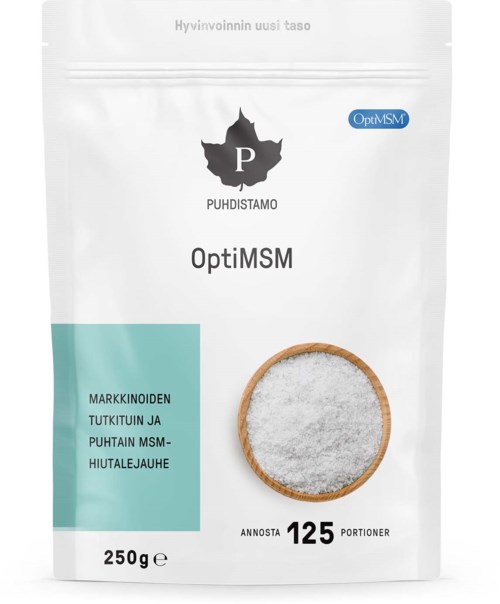 Valkoinen pakkaus, jossa lukee 'OptiMSM', pieni sininen tarra, logo ja ympyräinen puinen lautasliina valkoisella jauheella.
