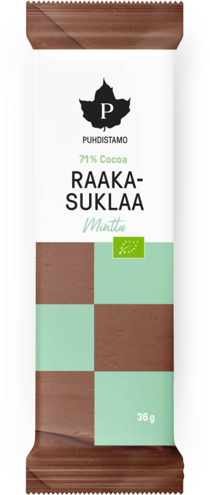 Suklaapatukka, jossa vihreä ja ruskea väri, nimeltään 'Raaka-Suklaa Minttu', sisältäen 58% kaakaota, 33 grammaa.