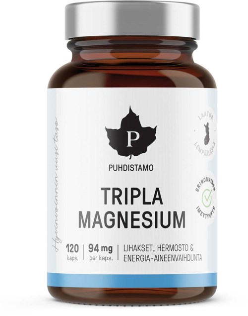 Lisävalmistepullo, jossa valkoinen etiketti, musta logo ja sininen nauha, sisältää magnesiumkapseleita.