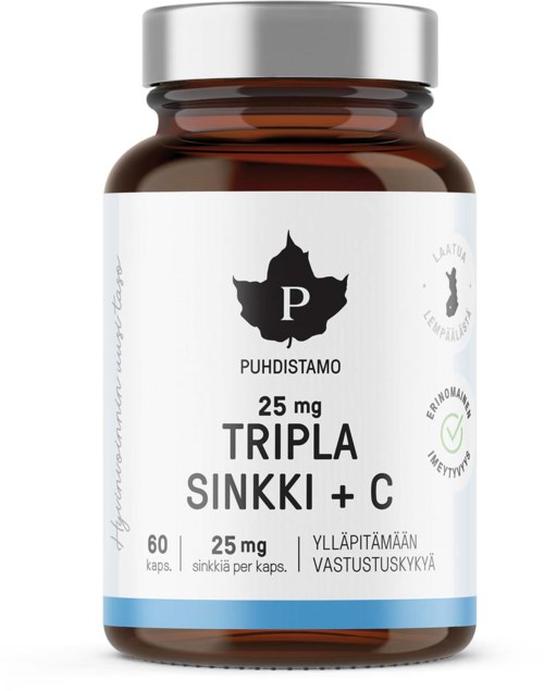 Ruskea pullo, joka on merkitty Puhdistamo Tripla Sinkki + C, sisältää 60 kapselia, kukin 25 mg sinkkiä ja C-vitamiinia.