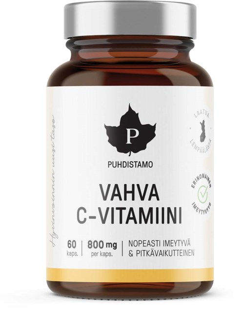 Ruskea pullo, jossa lukee 'Vahva C-Vitamini', ja tietoa kapselista ja sen eduista immuunijärjestelmälle ja väsymykselle.