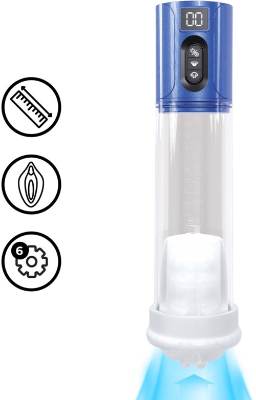 Ein Wasser-TAuscher mit digitalem Display, einstellbarem Wasserdruck und wiederaufladbarem Akku. Es sendet einen blauen Wasserstrahl nach unten.