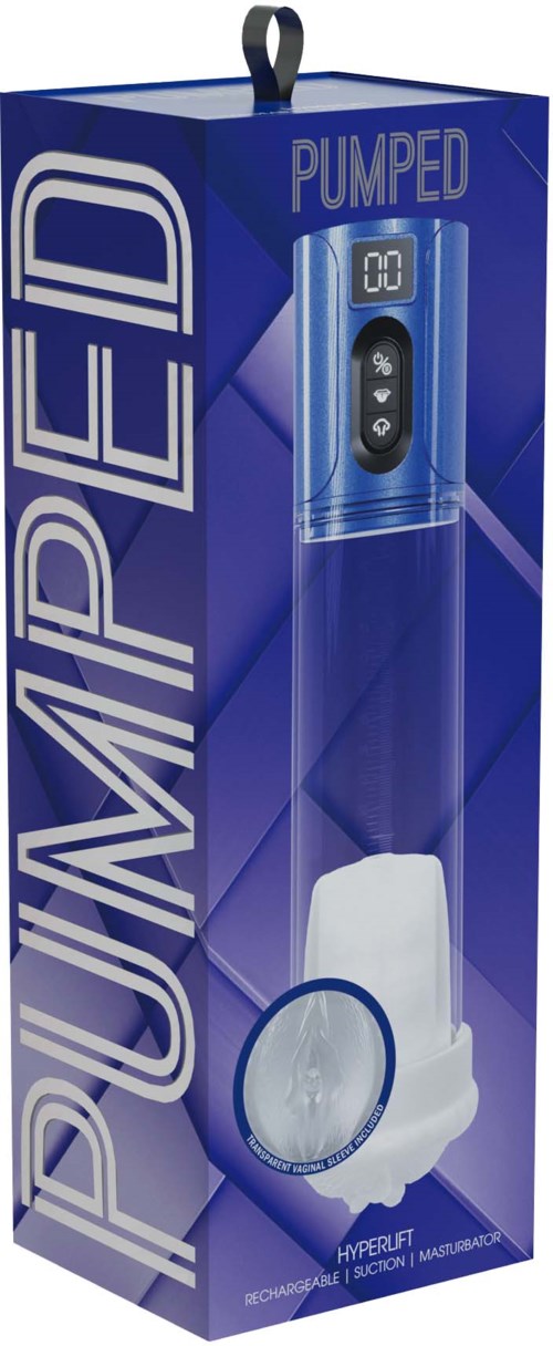 Eine blaue Pumpeed-Wasserflosser-Box mit Digitalanzeige und Bedienelementen, die das Gerät innen zeigt.