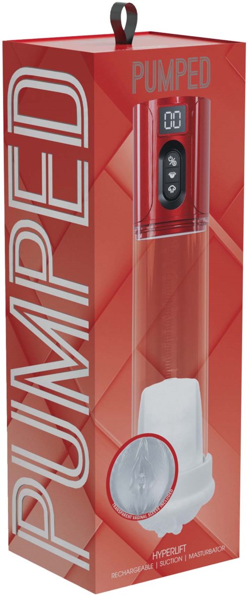 Eine rote Box enthält ein Pumpe- und Messgerät. Das Gerät hat ein kleines Display und Tasten. Text auf der Box lautet 'PUMPED'.
