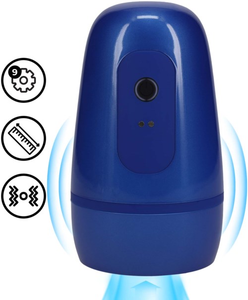 Ein blauer Gerät mit Knopf und Sensor, umgeben von Symbolen für Reinigung, Spray und Vibration.