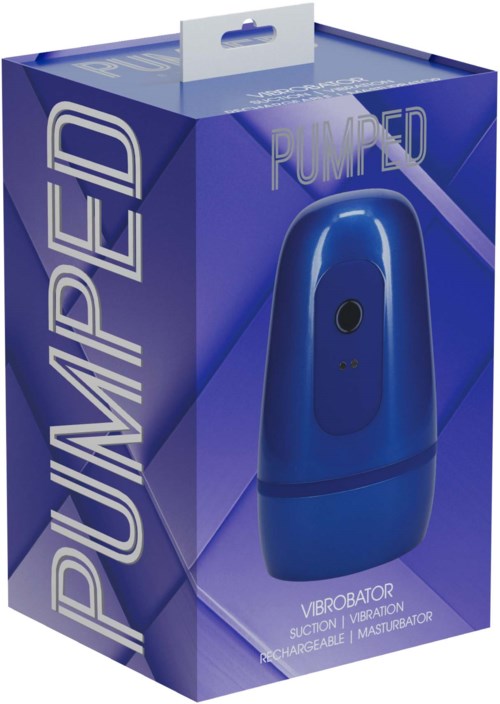 Blaues Vibroator-Gerät in Verpackung mit "PUMPED" und Funktionsdetails.