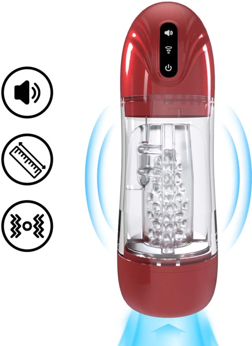 Ein rotes und durchsichtiges Gerät mit Digitalanzeige, kombiniert Vibrationen, Ton und Temperatur.