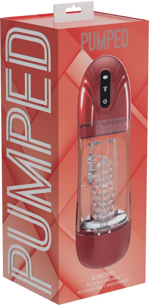 Ein rotes Silikon-Sexspielzeug mit durchsichtigem Abschnitt und Bedienelementen, verpackt in einer roten Box mit "PUMPED"-Aufdruck.