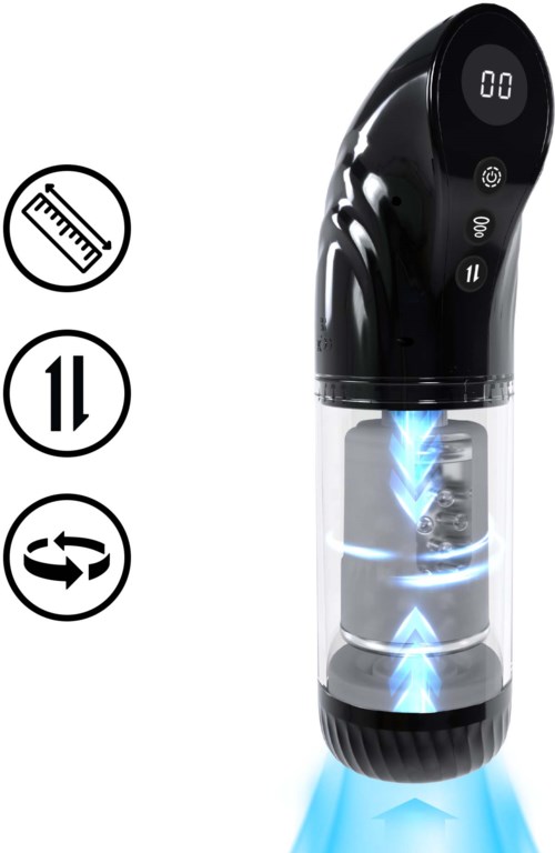 Ein schwarzes Gerät mit Digitalanzeige, Steuerknöpfen und einem transparenten Wasserbehälter, das blaue Licht und Dampf abgibt.