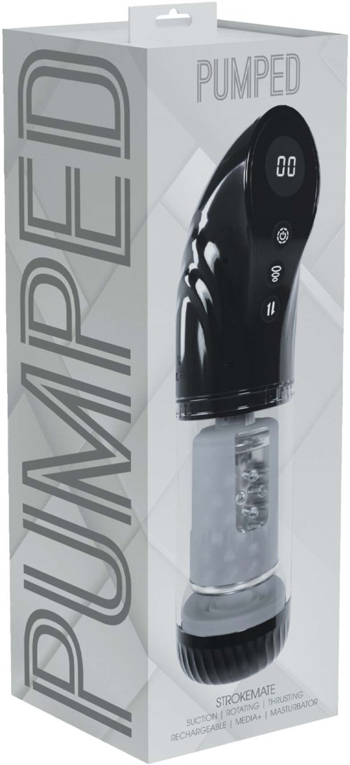 Ein schwarzes und silbernes Gerät in Verpackung mit Aufschrift 'Pumped' und 'Rechargeable'. Es hat ein digitales Display und Knöpfe.