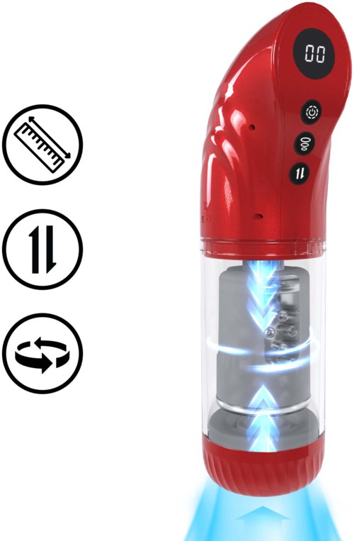 Ein rotes Gerät mit digitalem Display, Tasten und einem transparenten Boden, der blaue Lichter oder Dampf ausstrahlt.