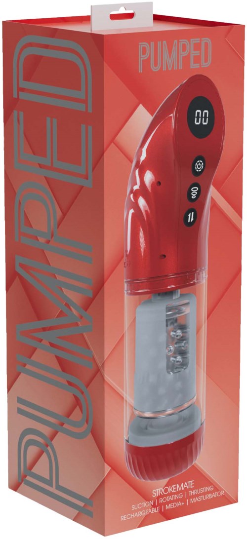 Ein rotes Gerät in einer Box mit der Aufschrift 'PUMPED', mit Digitalanzeige und Knöpfen. Es sieht aus wie ein persönlicher Massagegerät oder Vibrator.