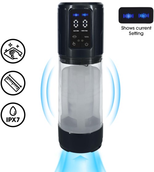 Eine schwarze und klare Vorrichtung mit Digitalanzeige, zeigt aktuelle Einstellungen, mit Symbolen für Berührung, Messung und IPX7-Wasserdichtigkeit.