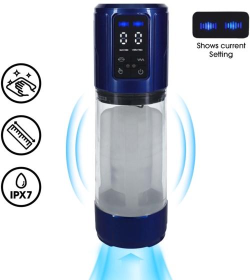 Ein blaues und schwarzes Gerät mit digitaler Anzeige, die aktuelle Einstellungen zeigt, und Icons für Berührung, Wasser und IPX7.