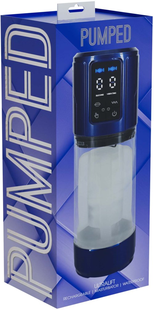 Eine blaue Verpackung mit digitaler Anzeige und Behälter am unteren Ende, gekennzeichnet 'PUMPED'.