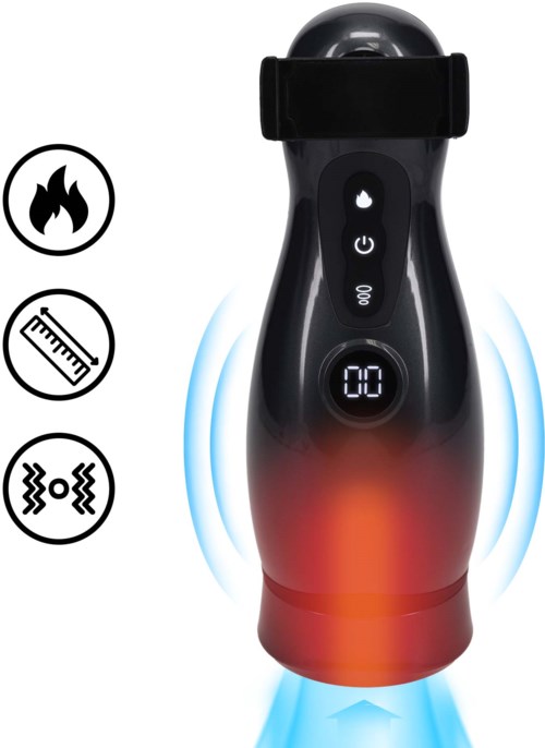Ein handgeführtes Gerät mit digitaler Anzeige, das blaue und rote Lichter ausstrahlt und Symbole für Feuer, Temperatur und Schock.