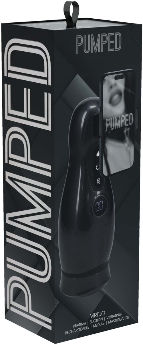 Ein schwarzes Produktbox mit einem Handmassagegerät, das gebogen ist, digital angezeigt wird, und das Wort PUMPED.
