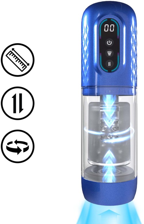 Ein blauer, transparenter Gerät mit Digitalanzeige, das Licht abgibt, wahrscheinlich ein tragbarer Sterilisator oder Nebelgerät.