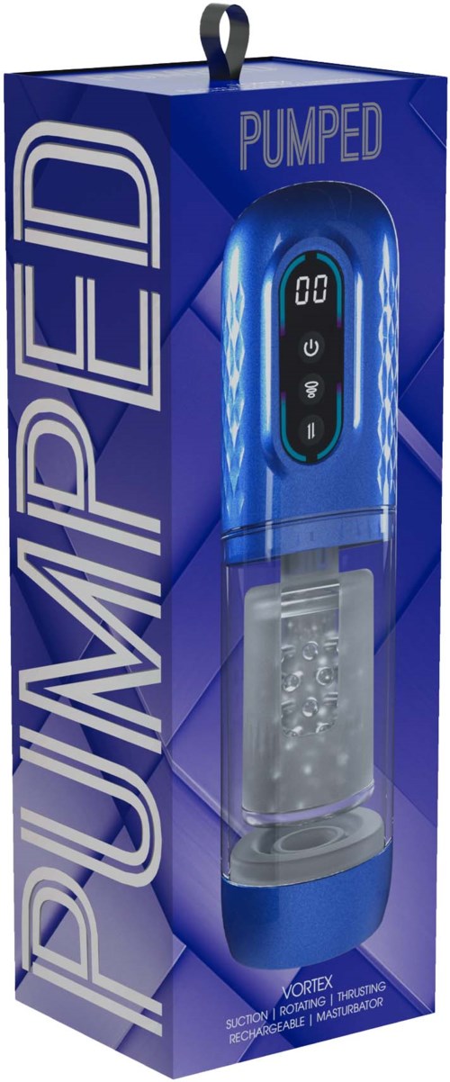 Ein blauer elektronischer Gerät in einer Schachtel, mit "Pumped" und "Supplied" beschriftet, Digitalanzeige und transparentem Teil.