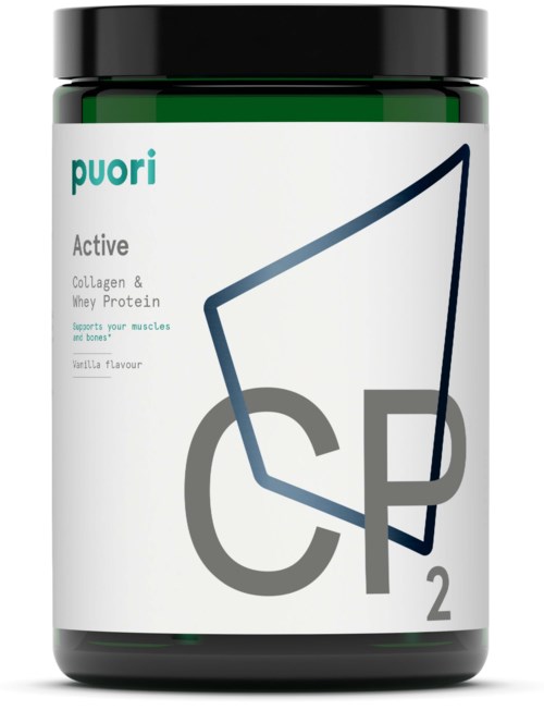 A green-capped container labeled 'puori Active' for collagen and whey protein, vanilla flavor, supports muscles and bones.