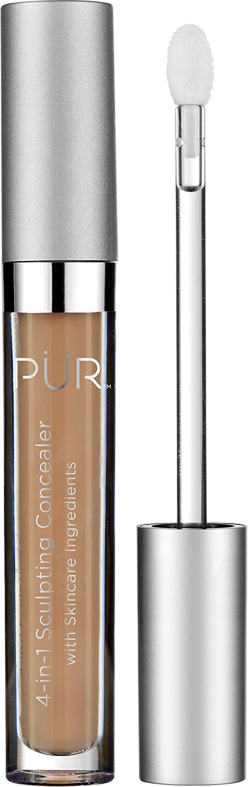 En tub med PÜR 4-i-1 Sculpting Concealer med applikatorborste, silverlock, och beige vätska inuti.
