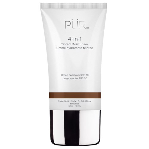 Valkoinen tuubi, jossa lukee 'PUR 4-in-1 Tinted Moisturizer' ja SPF 20, ja alaosassa ruskea raita.