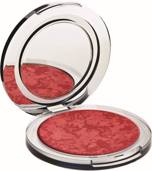 Ett rött mönstrat rouge i ett runt kompakt med en spegel inuti locket.