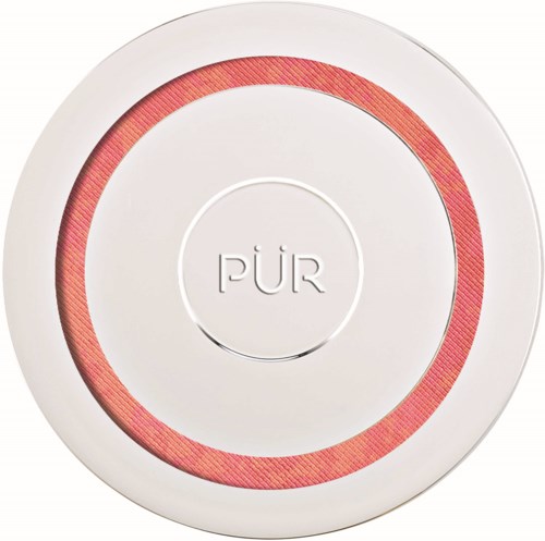 Ett vitt runt behållare med en rosa rand runt toppen och ordet "PUR" i mitten.