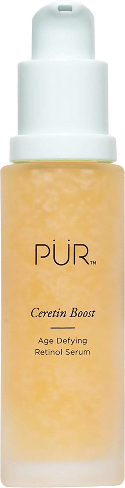 En ansiktsserumflaska märkt 'PÜR Ceretin Boost Age Defying Retinol Serum' med vit pump.