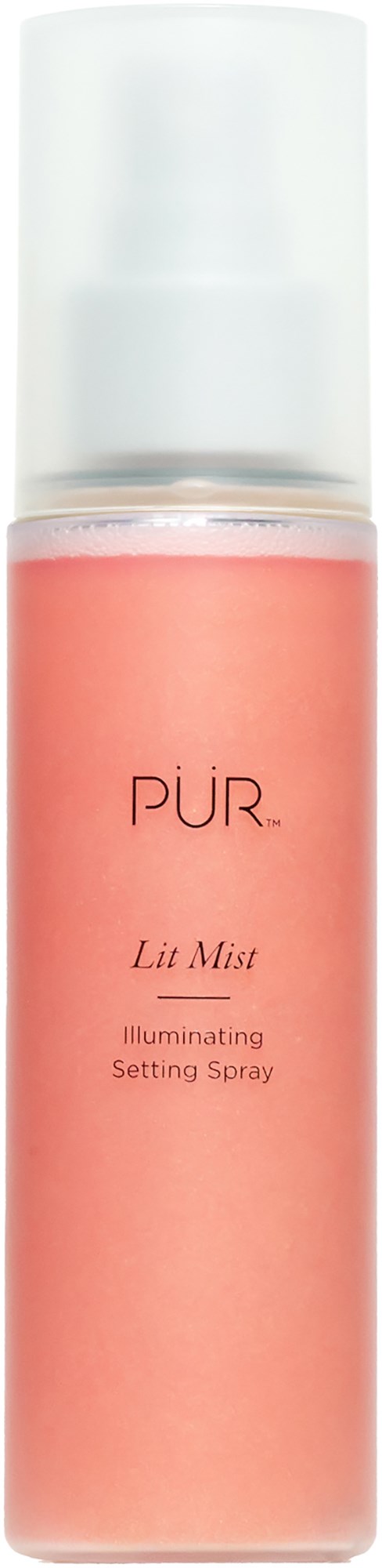 Vaaleanpunainen sylinterimäinen pullo, jossa valkoinen korkki, merkintä 'PUR Lit Mist Illuminating Setting Spray.'