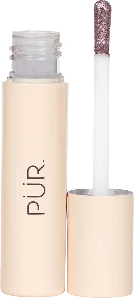 En läppglansrör med en applikator, märkt 'PUR', i ett ljusbeige fall.