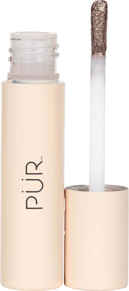 En beige läppglansrör med öppen lock, visar applikatorn med glitterprodukt.